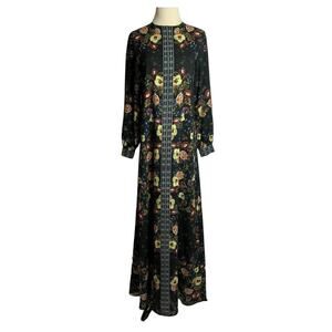 Annah Hariri Black Floral Long Sleeve Maxi Lined Maxi Dress Size S